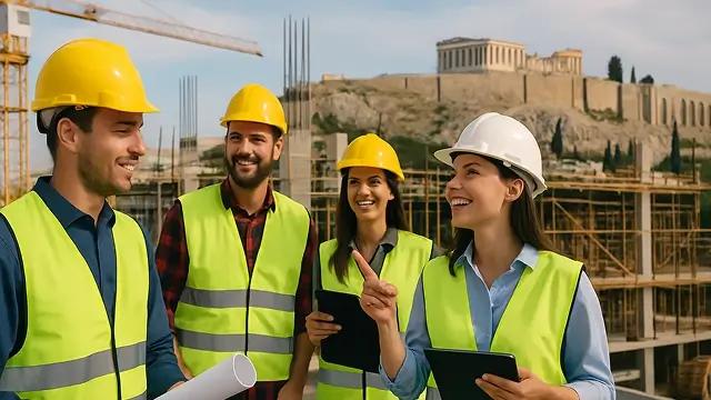 Εργάτες και τεχνικοί σε εργοτάξιο στην Αθήνα, με φόντο την Ακρόπολη